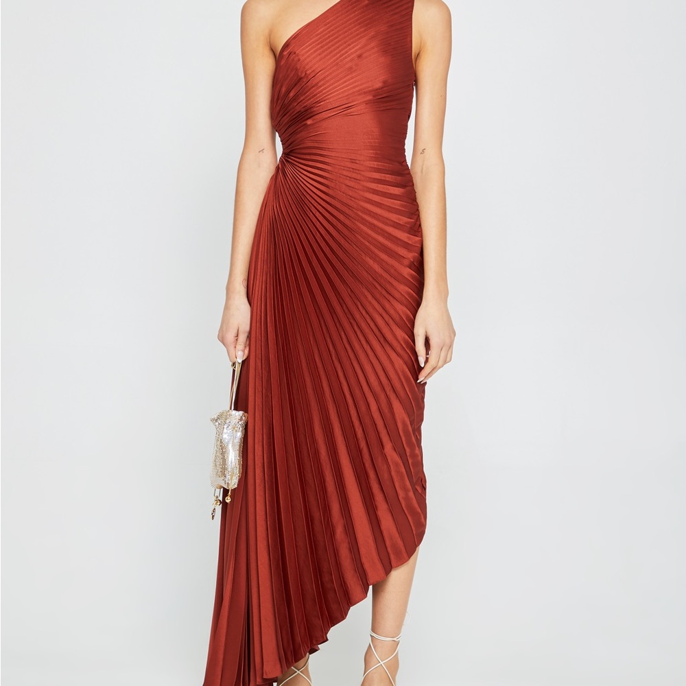 Chic One-Shoulder Pleated Dress in Rust